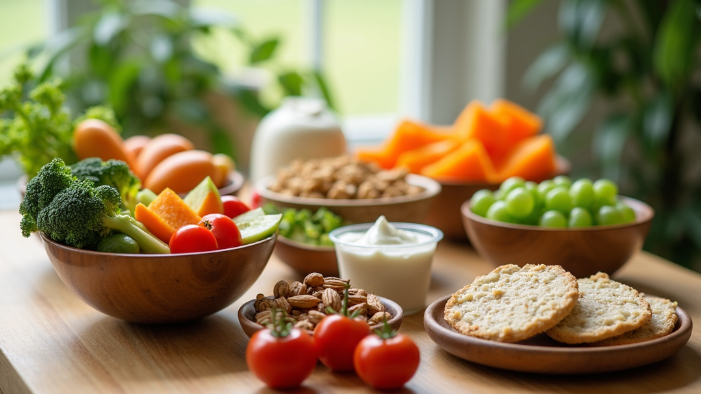 A healthy plate of assorted snack options including veggies, fruit, and nuts